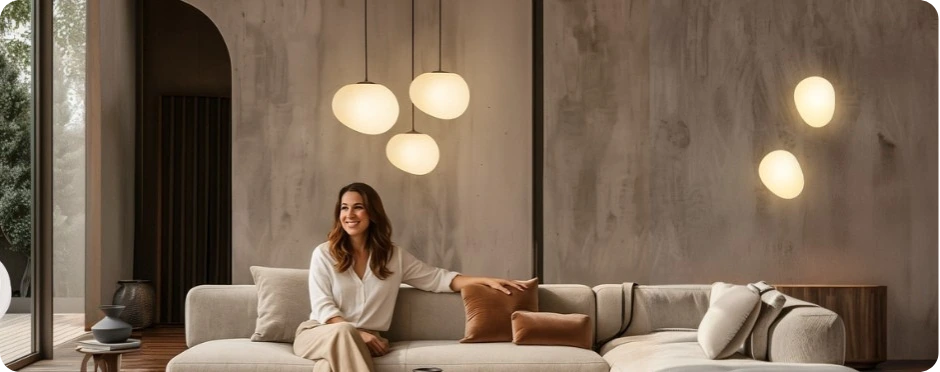 Zdjęcie lamp wiszących oraz kinkietów w nowoczesnym salonie