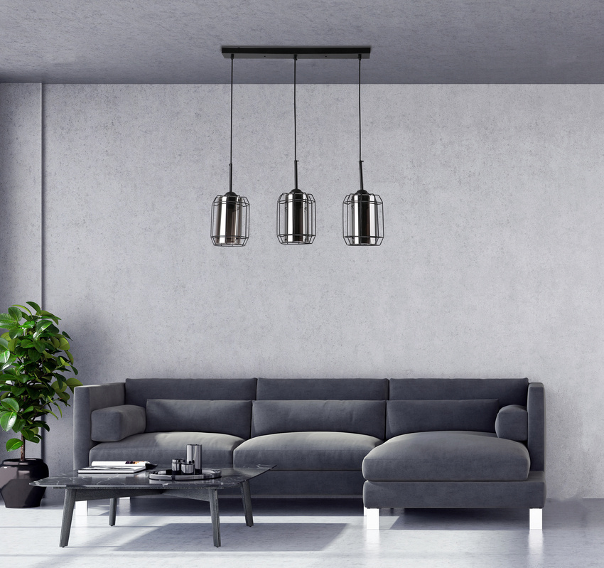 Lampa wisząca Jonera potrójna szklane klosze dymione czarna do salonu E27