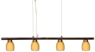 Lampa wisząca Dakota na belce 4-płomienna miedziana szklane klosze do jadalni