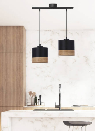 Lampa wisząca z abażurami Porto czarna podwójna abażur czarny z fornirem