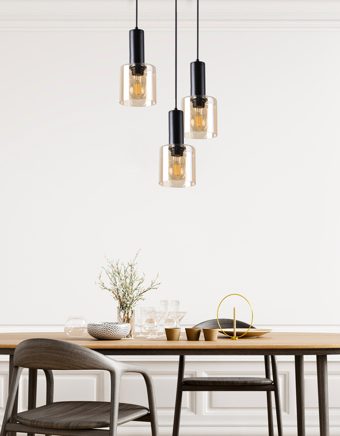 Isar Lampa Wisząca Talerz Czarny 3X40 E27 Klosz Bursztynowy - Candellux