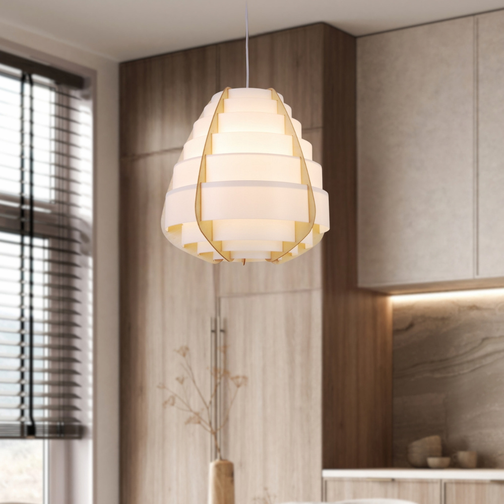 Lampa wisząca NAGOJA w stylu Japandi – biało-beżowy klosz z tworzywa i drewna – skandynawska lampa do salonu E27
