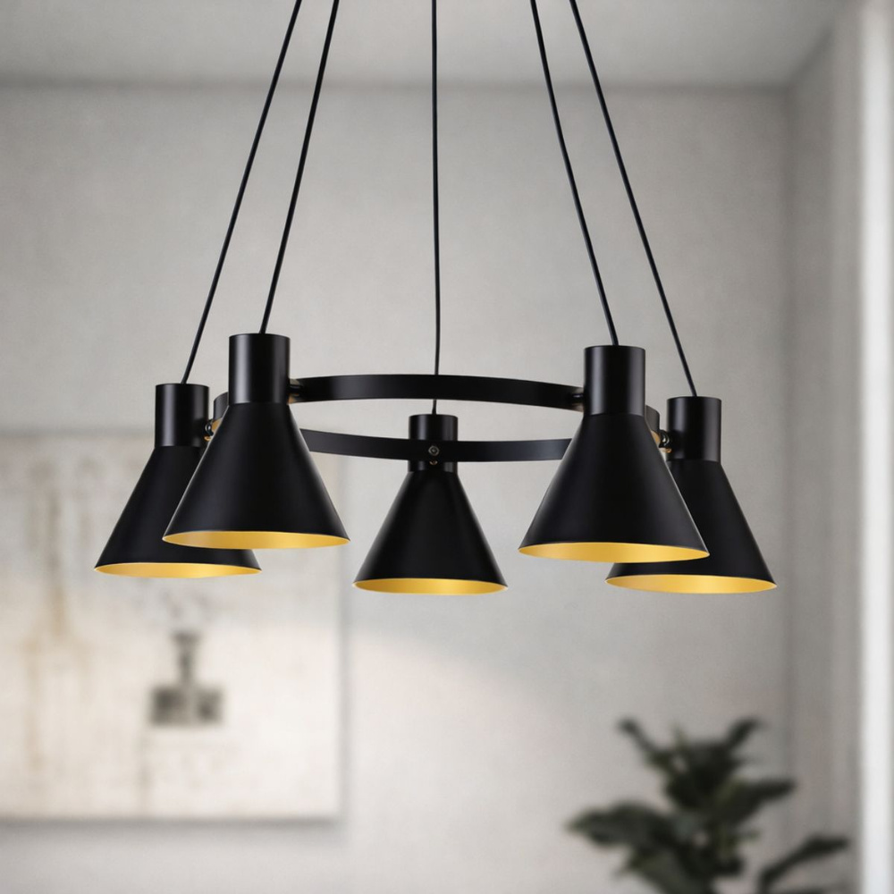 Lampa wisząca More czarno-złota metalowa 5-płomienna do salonu