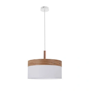 Lampa wisząca z abażurem Orto biała z drewnianymi elementami do salonu