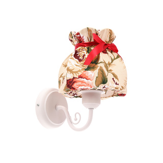 Kinkiet Rozano biały z abażurem kwiatowym do sypialni metalowo‑tekstylna lampa ścienna