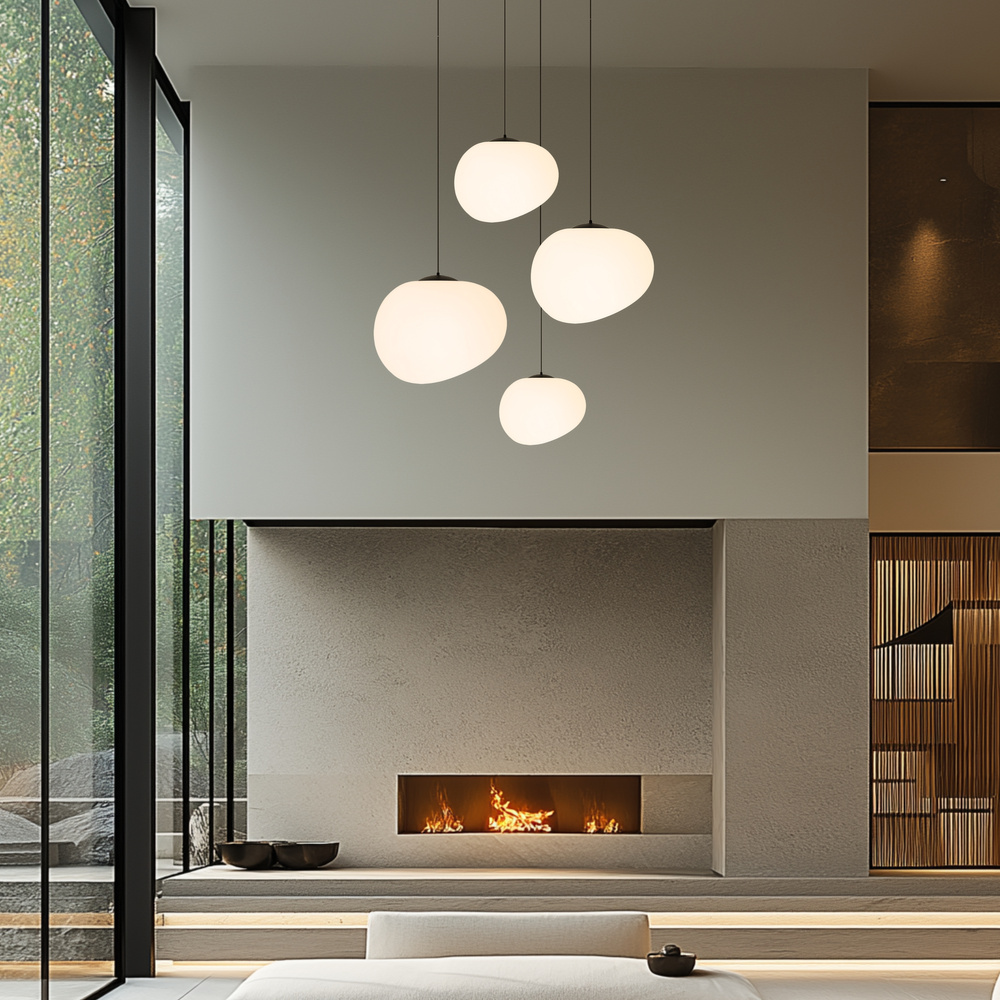 Lampa wisząca STONES 30 cm w stylu Japandi - z białym akrylowym kloszem inspirowanym kamieniem - minimalistyczne oświetlenie sufitowe do salonu E27