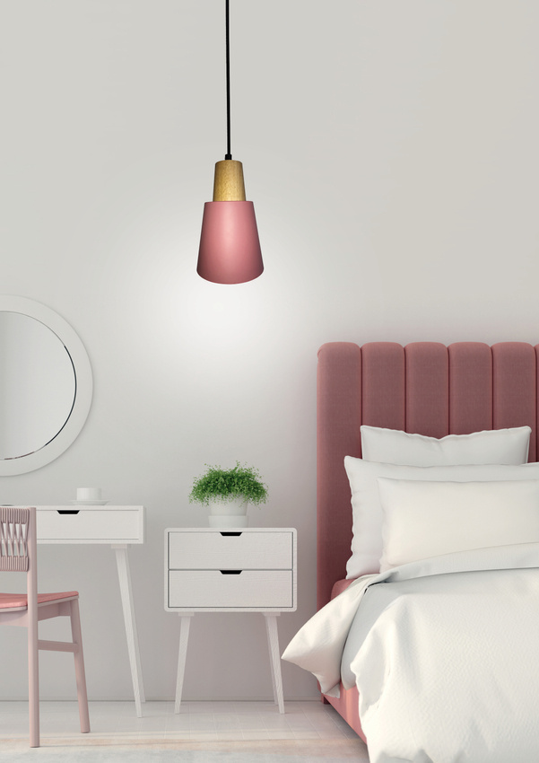 Lampa wisząca Faro Ledea różowa metalowa z drewnem pojedyncza do salonu