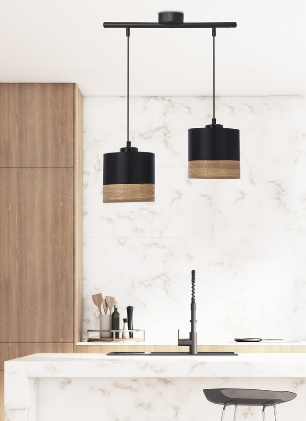 Lampa wisząca z abażurami Porto czarna podwójna abażur czarny z fornirem