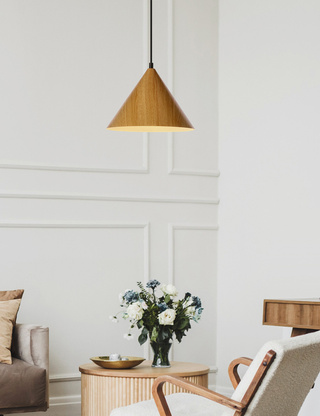 Lampa wisząca Dunca do salonu klosz stożek jasny dąb pojedyncza E27