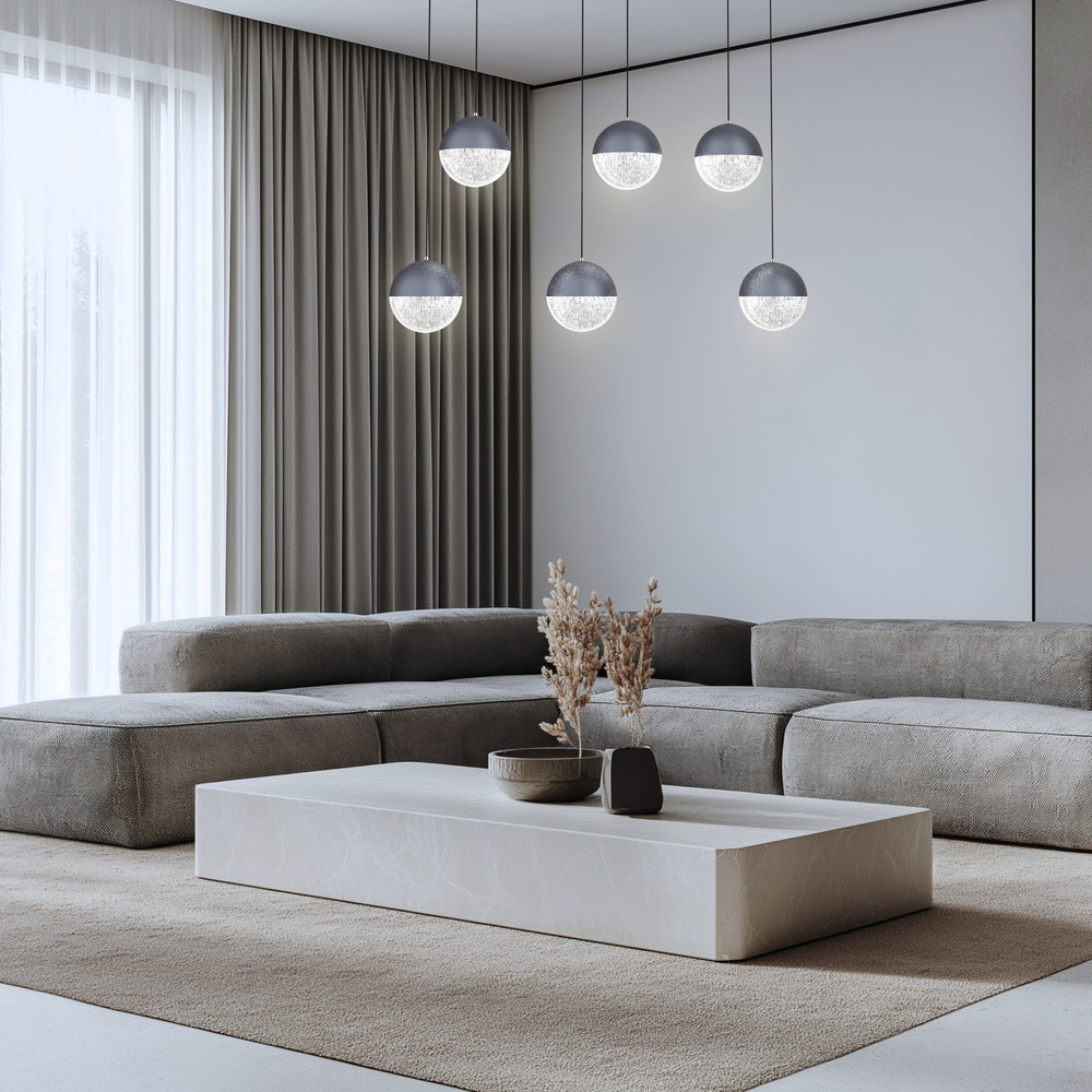 Lampa wisząca FURNI 5-punktowa szara – ze szklanymi kloszami kulami - designerska lampa do salonu LED 4000K