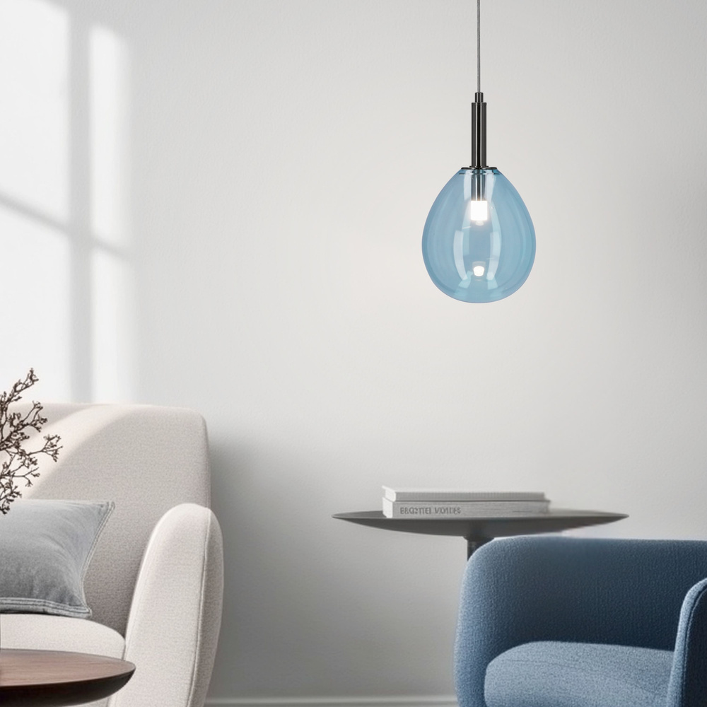 Lampa wisząca szklana LUKKA z niebieskim kloszem – minimalistyczna lampa do salonu i jadalni LED