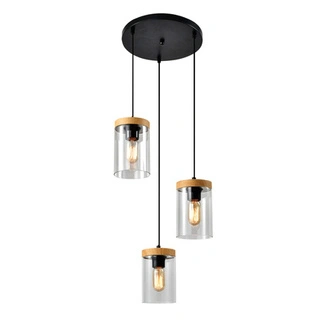 Lampa wisząca Wels potrójna szklane klosze dymione czarna z drewnem do salonu