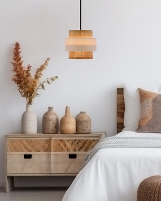 Lampa wisząca z abażurem Rattan biała kremowa nowoczesna do salonu