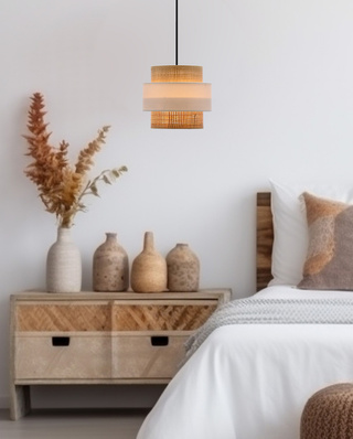 Lampa wisząca z abażurem Rattan biała kremowa nowoczesna do salonu