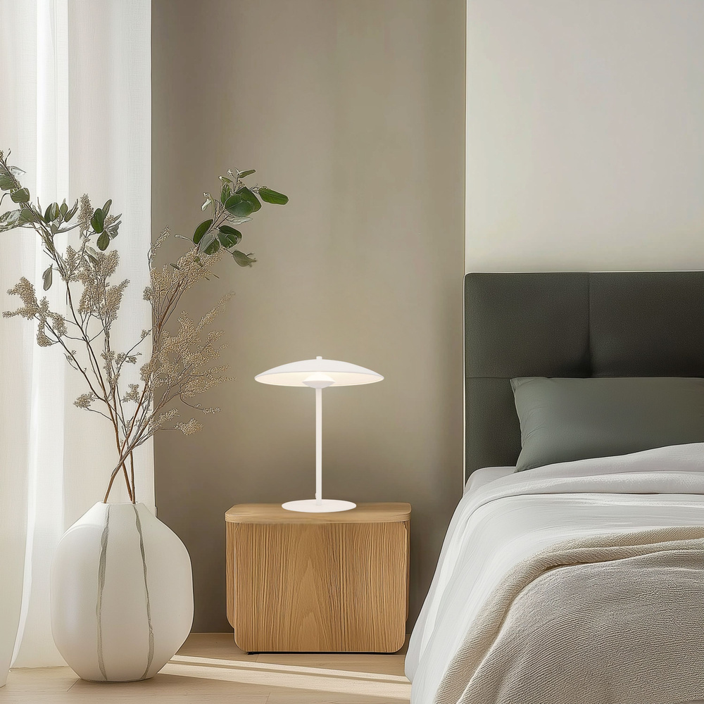 Lampa stołowa LUND w stylu skandynawskim – biały klosz talerz - minimalistyczna lampa do salonu i sypialni