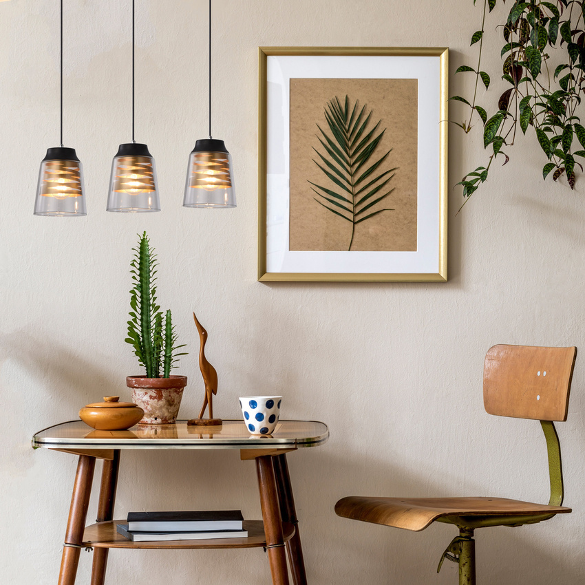 Lampa wisząca Fresno potrójna szklane klosze czarno-złota do jadalni E27