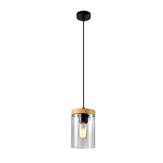 Lampa wisząca Wels szklana tuba czarna z drewnianym kloszem do salonu E27