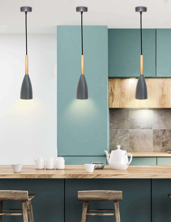 Lampa wisząca Trosa szara metalowa z drewnem do kuchni pojedyncza E27