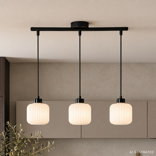 Lampa wisząca Estilo nad wyspę kuchenną potrójna na belce szklane białe klosze do jadalni E27