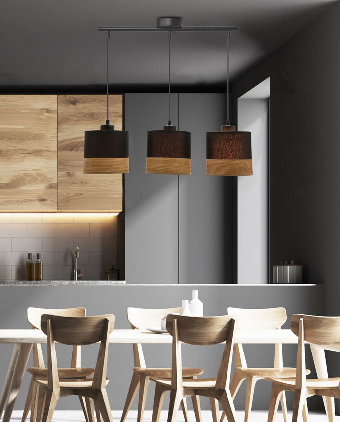 Lampa wisząca z abażurami Porto czarna potrójna nad stół abażur czarny z fornirem