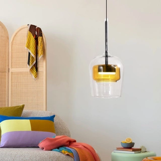 Lampa wisząca Glaxi szklana podwójny klosz transparentny i żółty GX53
