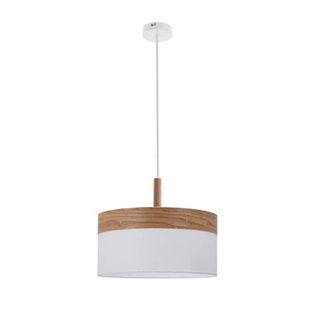 Lampa wisząca z abażurem Orto biała z drewnianymi elementami do salonu