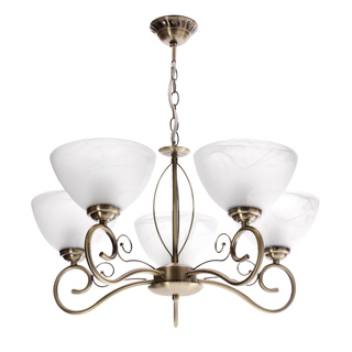 Lampa wisząca Horizon pięcioramienna z białymi kloszami patynowa szklana