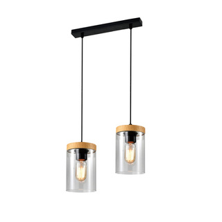 Lampa wisząca Wels podwójna szklane klosze dymione czarno‑drewniana do jadalni