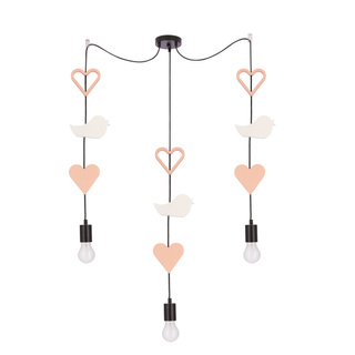 Lampa wisząca do pokoju dziecięcego Trio serca i ptaszki czarna różowo-biała 3xE27 MDF