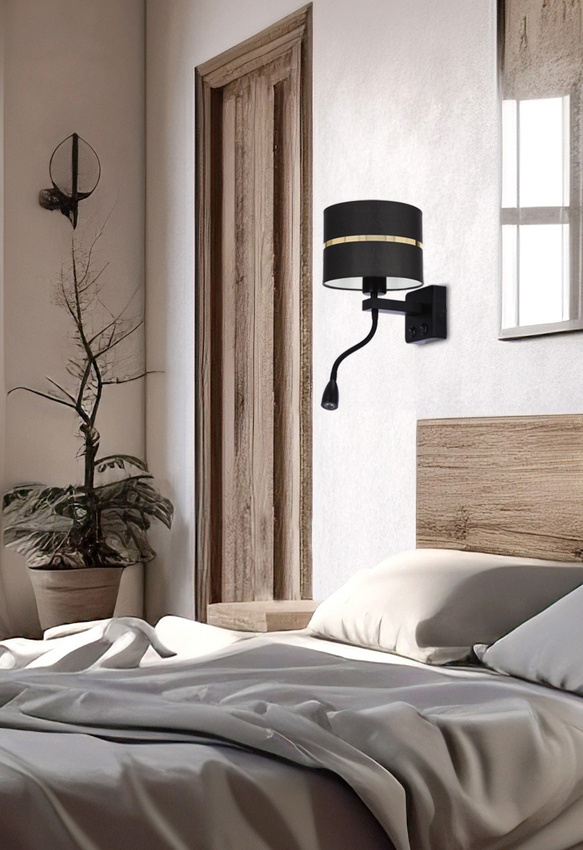 Polo Lampa Kinkiet Czarny 1X40W E27+2W Led Abażur Czarny+Złoty Pasek - Candellux
