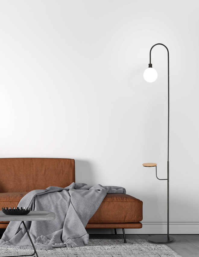 Lampa podłogowa Vanity z półką do salonu z kloszem E27 IP20