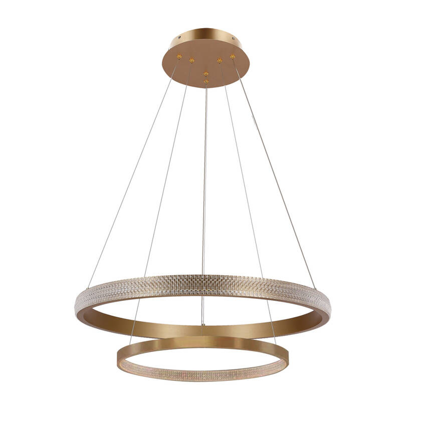 Lampa wisząca Hashim podwójna okrągła złota z kryształkami LED do salonu