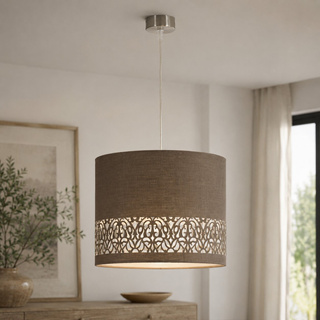 Lampa wisząca z abażurem Arabesca brązowa tkaninowa do salonu