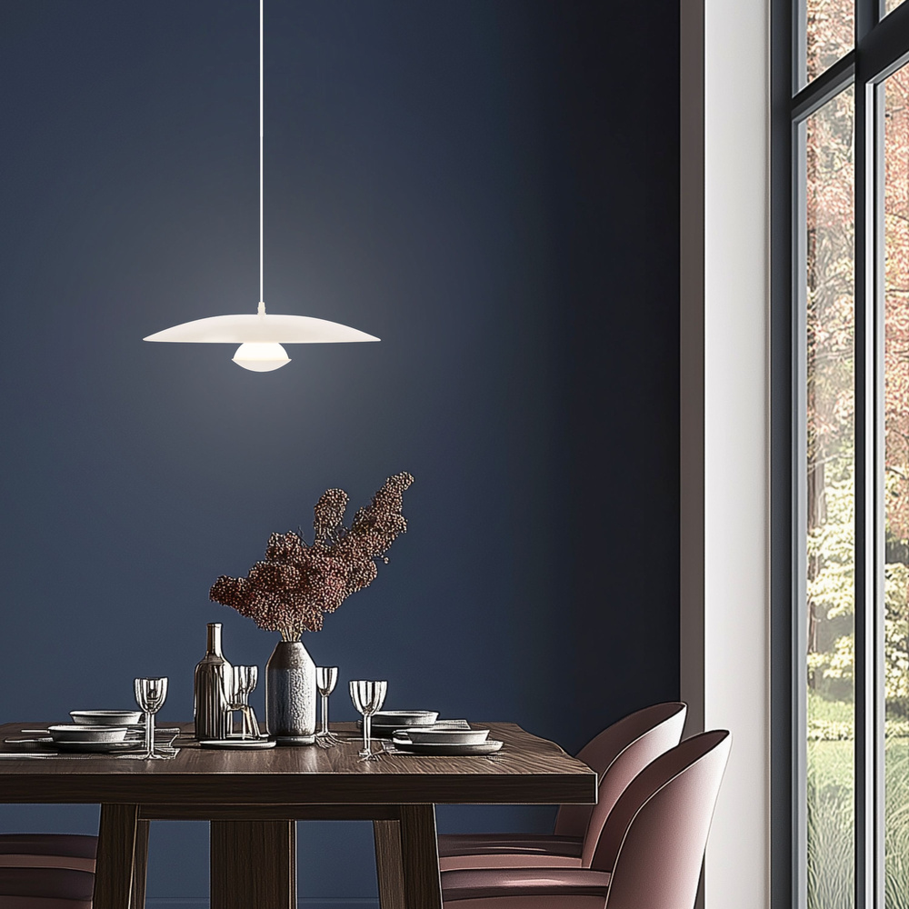 Lampa wisząca LUND 34 cm minimalistyczna – biały klosz talerz - skandynawska lampa nad stół LED