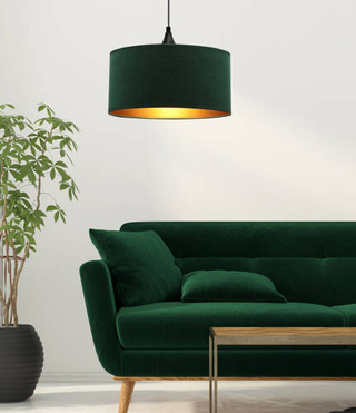 Lampa wisząca z abażurem Maloto welurowy walec butelkowa zieleń złote wnętrze
