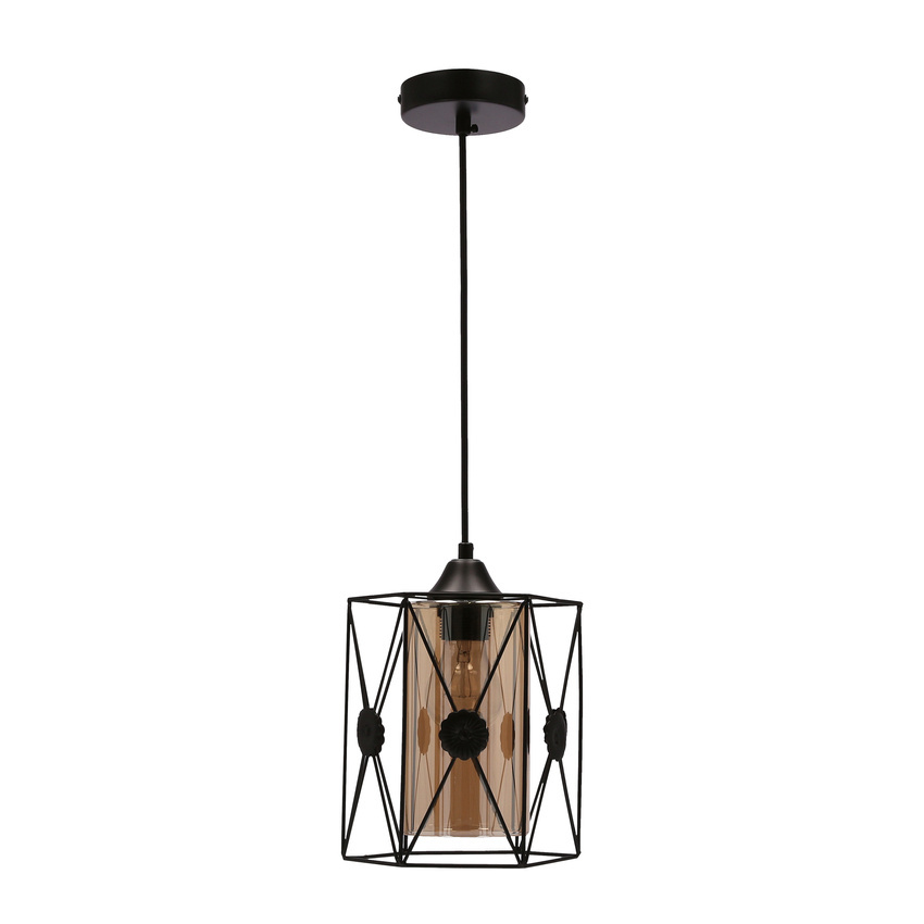 Lampa wisząca Livian szklany klosz bursztynowy czarna pojedyncza E27 do salonu
