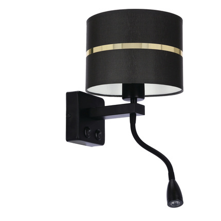 Polo Lampa Kinkiet Czarny 1X40W E27+2W Led Abażur Czarny+Złoty Pasek