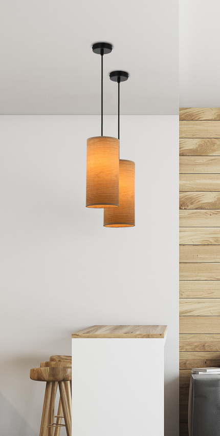 Lampa wisząca z abażurem Ballo czarna z abażurem orzechowym do jadalni