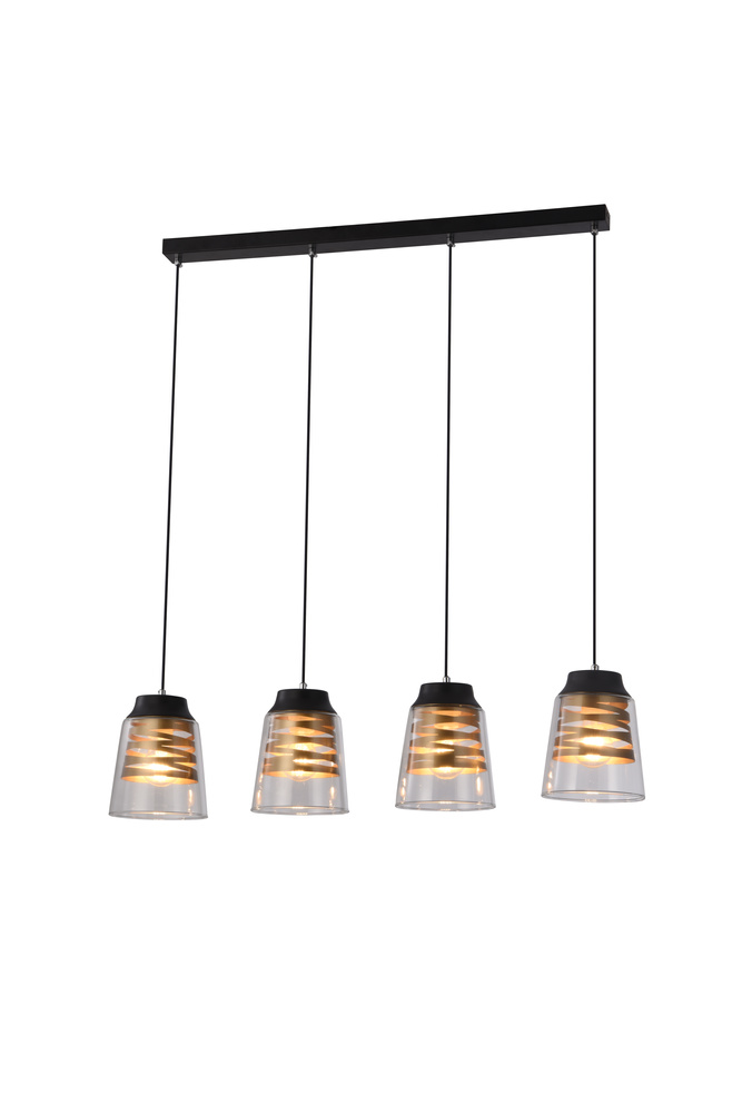 Lampa wisząca Fresno szklana czarno‐złota 4‐płomienna na belce do jadalni