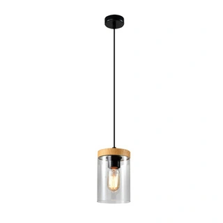 Lampa wisząca Wels szklana tuba czarna z drewnianym kloszem do salonu E27