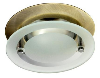 Oczko sufitowe okrągłe mosiężne z matowym szkłem do żarówki R50 wpuszczane