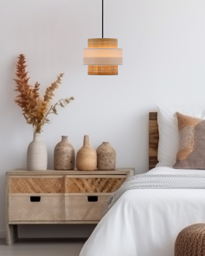 Lampa wisząca z abażurem Rattan biała kremowa nowoczesna do salonu