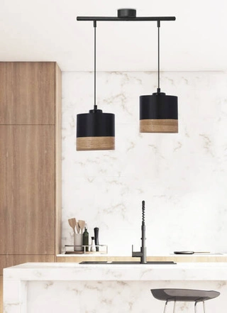 Lampa wisząca z abażurami Porto czarna podwójna abażur czarny z fornirem
