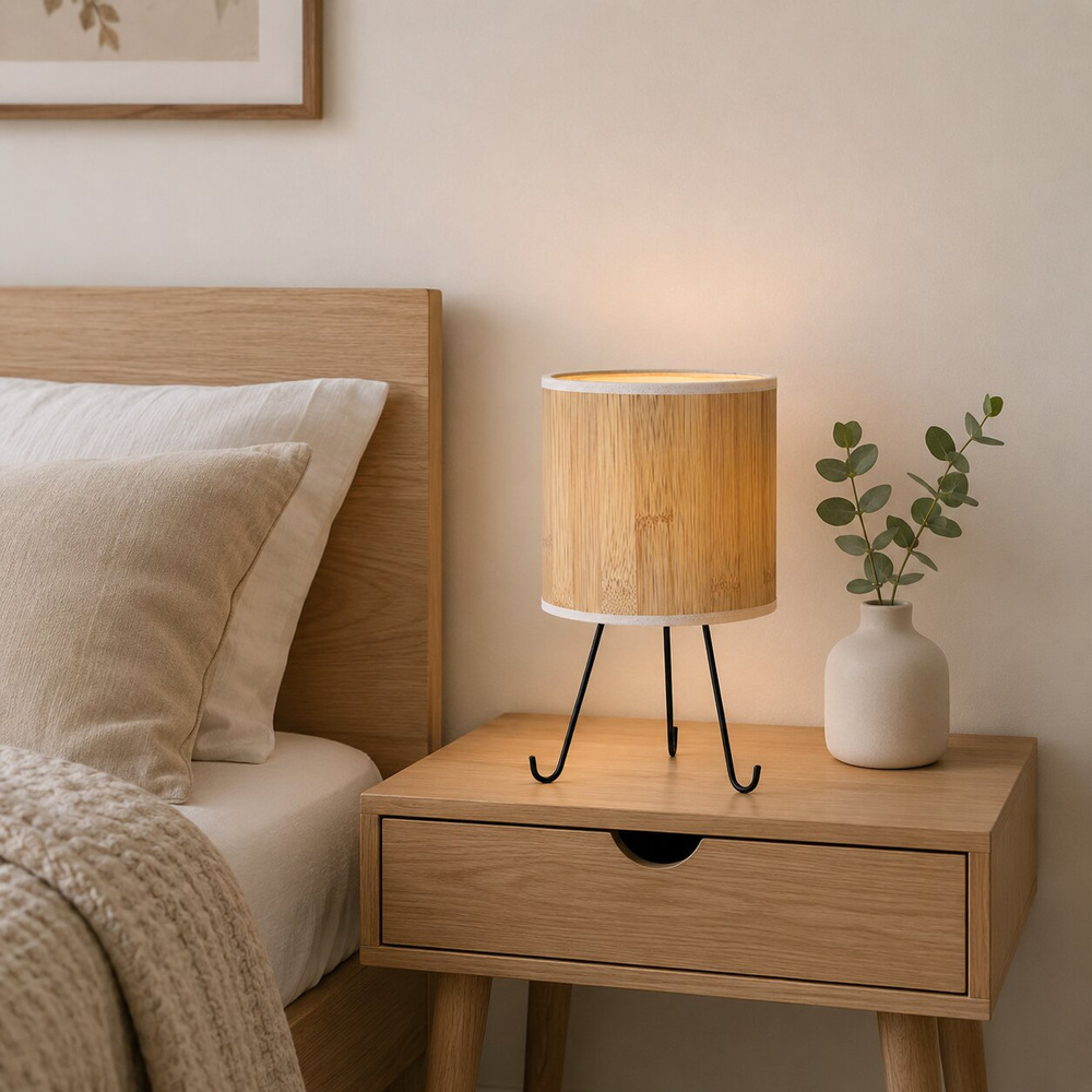 Lampka nocna Adora metalowa z abażurem imitacja drewna ciemna E14