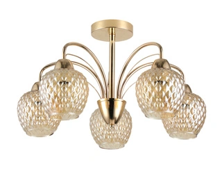 Lampa wisząca Tobias szklana 5-punktowa z bursztynowym kloszem złota