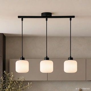 Lampa wisząca Estilo nad wyspę kuchenną potrójna na belce szklane białe klosze do jadalni E27