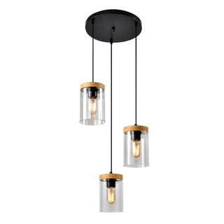 Lampa wisząca Wels potrójna szklane klosze dymione czarna z drewnem do salonu